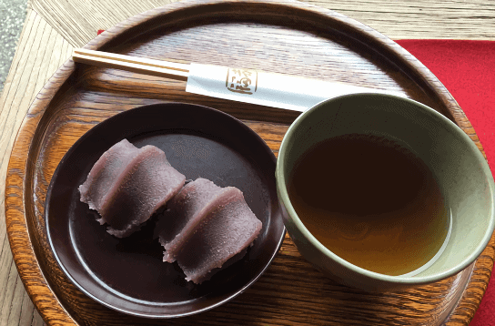 akafuku mochi served with a cup of tea