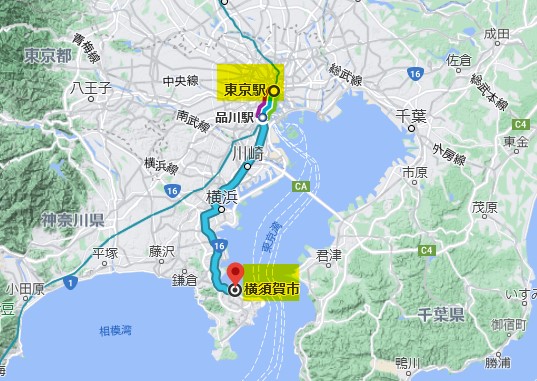 Map from Tokyo to Yokosuka