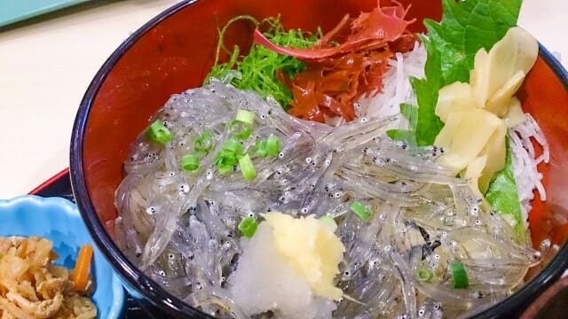 生鯊魚仔蓋飯的特寫照片 (生シラス丼)